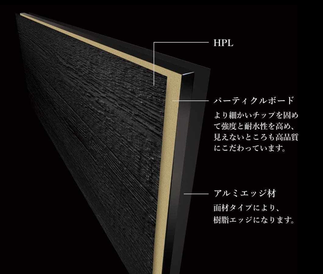 HPL/Particleboard...Finer chips are solidified to increase strength and water resistance, with a focus on high quality even in areas that cannot be seen. /Aluminum edge material...Resin edge is available depending on the surface material type.