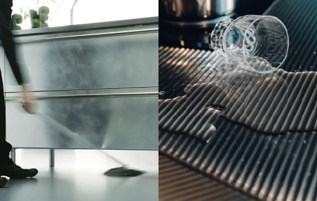 お手入れしやすい扉とステンレス天板、空調や衛生面にも優れたキッチンの脚。