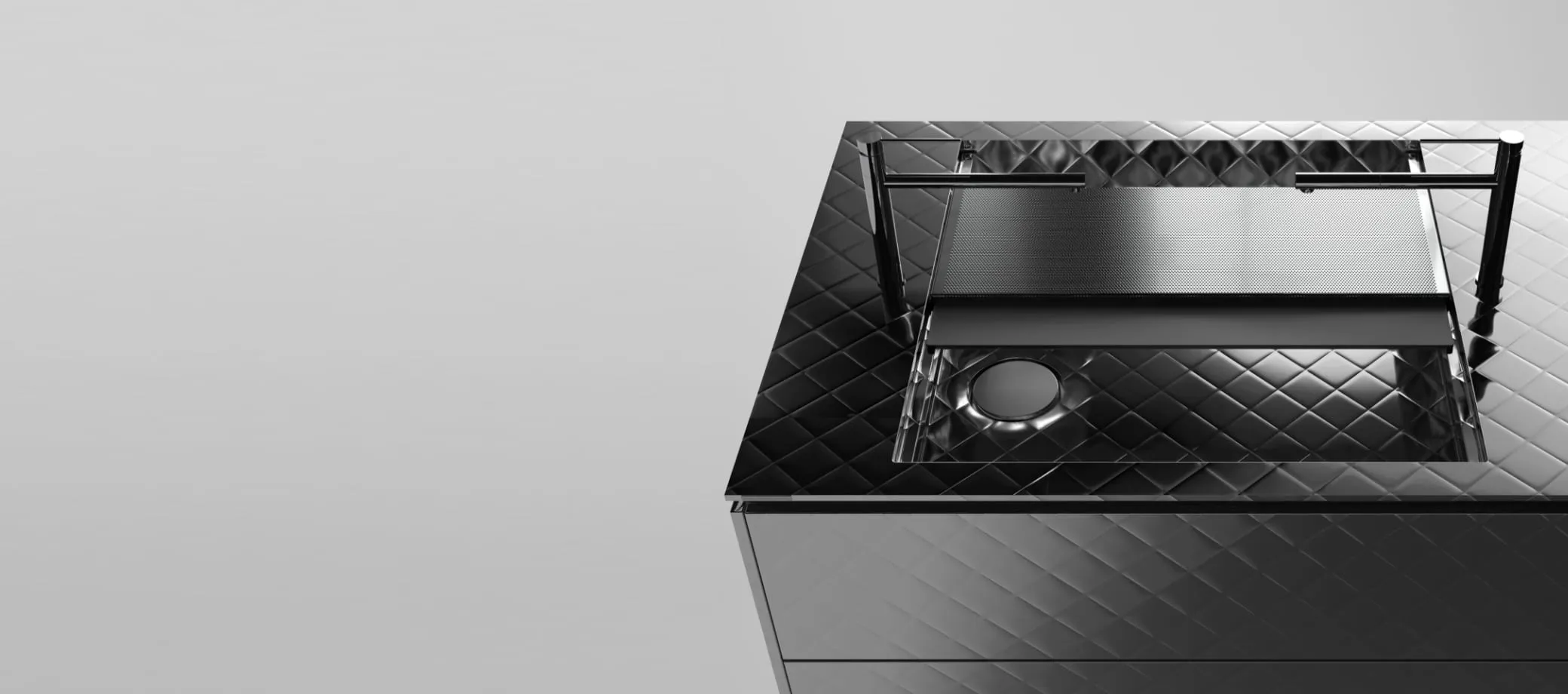 特殊プレスで施されたキルティングと独自の鏡面加工できらめく今までにないキッチンの誕生。