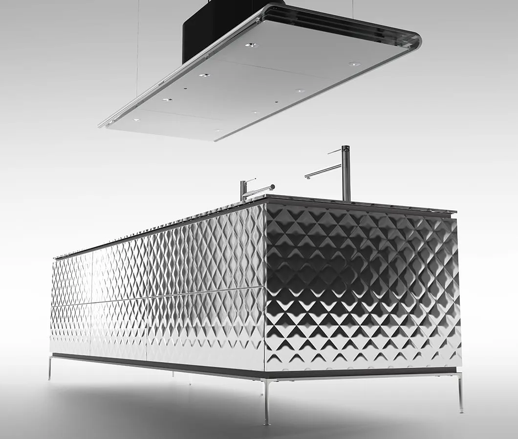 Worktops and doors linked by stainless steel