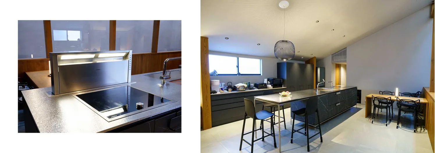 採用モデル:iNO/扉:ブラックマーブル/レンジフード:ガゲナウベンチレーション