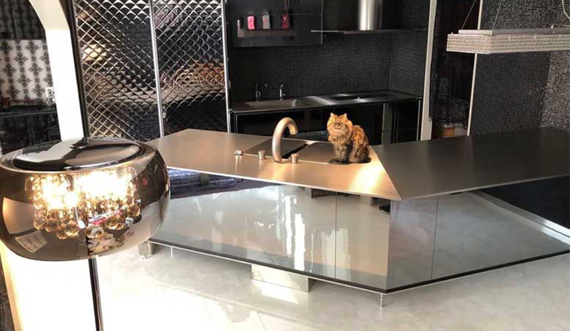 傷が目立ちにくいエンボス加工のステンレスキッチンとワークトップ